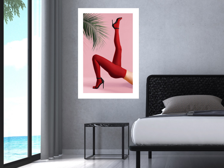 Wall Poster Red Tights - Woman Legs, High Heels and Palm Leaf on a Pink Background 144125 additionalImage 13