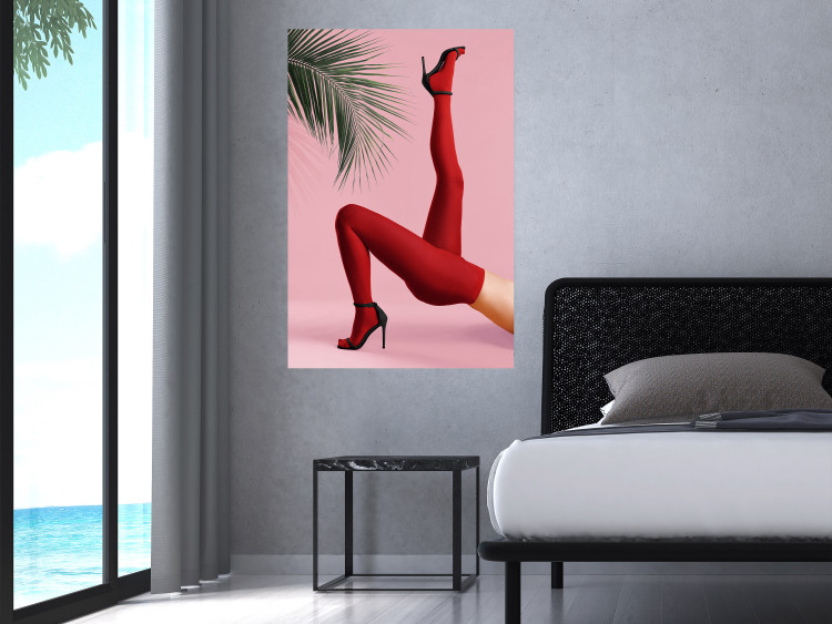 Wall Poster Red Tights - Woman Legs, High Heels and Palm Leaf on a Pink Background 144125 additionalImage 9