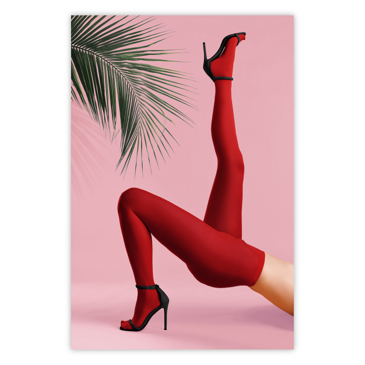 Wall Poster Red Tights - Woman Legs, High Heels and Palm Leaf on a Pink Background 144125