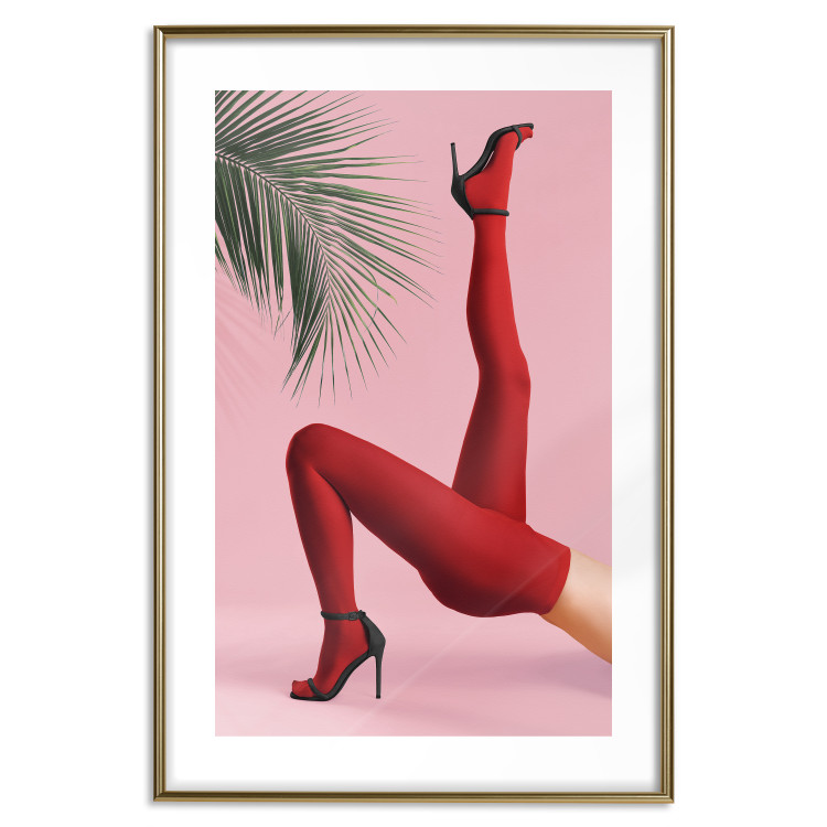 Wall Poster Red Tights - Woman Legs, High Heels and Palm Leaf on a Pink Background 144125 additionalImage 25