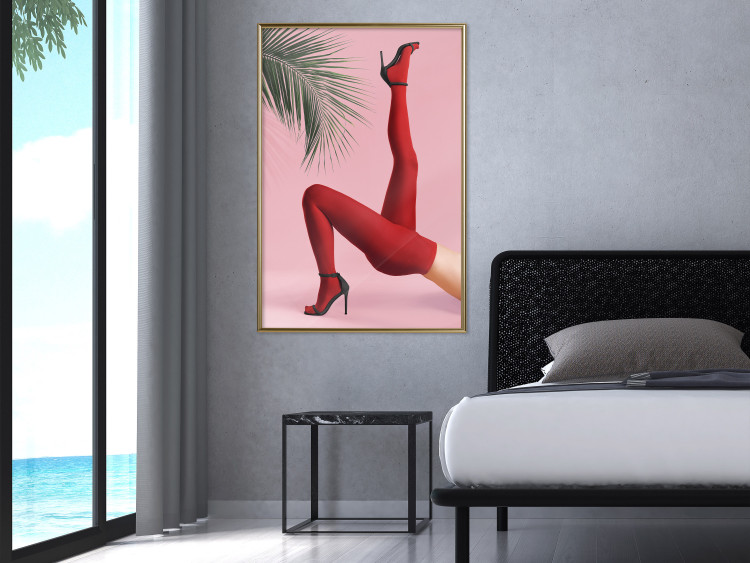 Wall Poster Red Tights - Woman Legs, High Heels and Palm Leaf on a Pink Background 144125 additionalImage 12