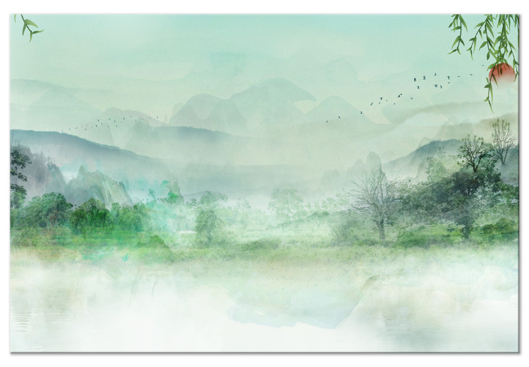 Canvas Art Print Misty Landscape (1-piece) - green landscape overlooking forest and mountains 144725