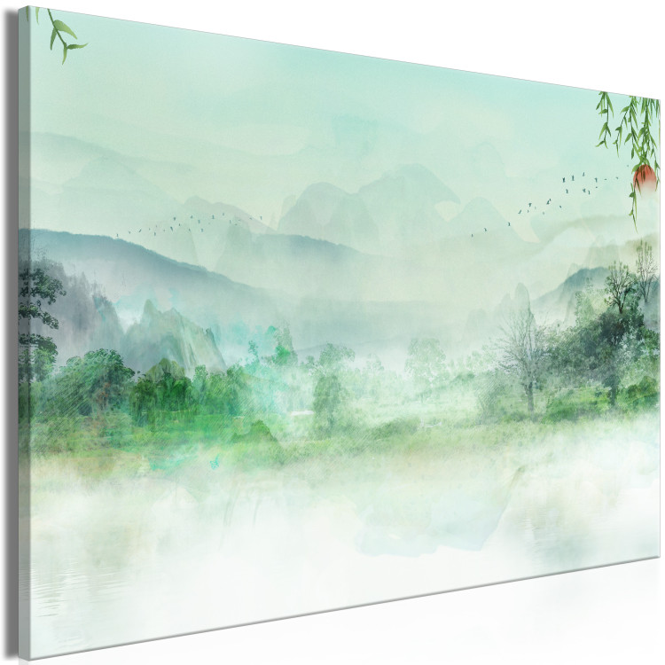 Canvas Art Print Misty Landscape (1-piece) - green landscape overlooking forest and mountains 144725 additionalImage 2