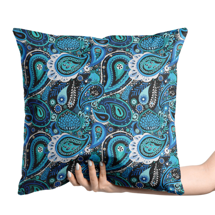 Decorative Velor Pillow Peacock eyes in blue - composition with twigs 147325 additionalImage 2