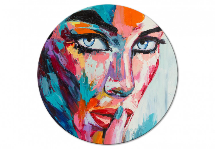 Round Canvas Colorful Face - Expressively Painted Portrait of a Woman 148625