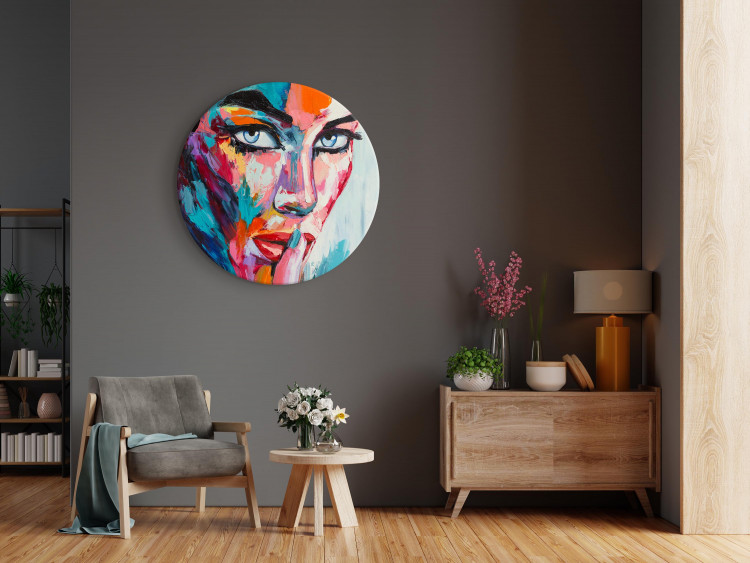 Round Canvas Colorful Face - Expressively Painted Portrait of a Woman 148625 additionalImage 2
