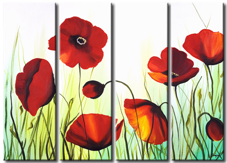 Canvas Poppies Among the Grass (4-piece) - nature motif with red flowers 47225
