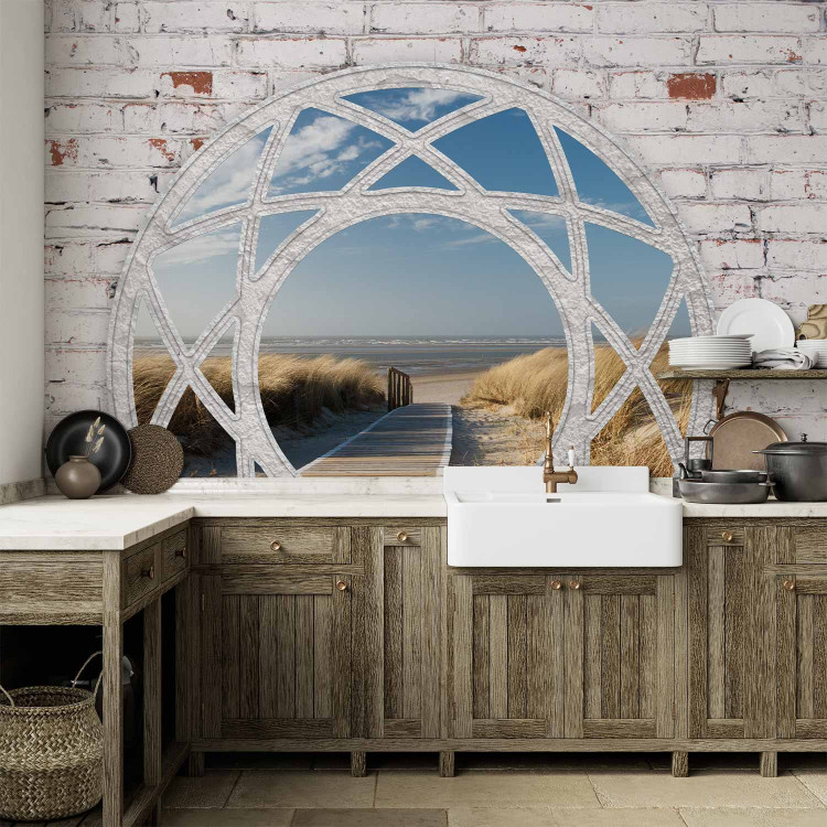 Wall Mural Window to the sea - view from a window among white bricks on a sandy beach 97325 additionalImage 6