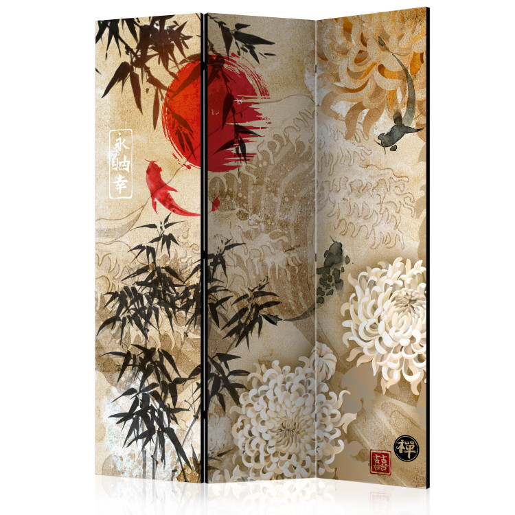 Room Divider Fish Dance - beige texture with oriental motif of fish and flowers 98225