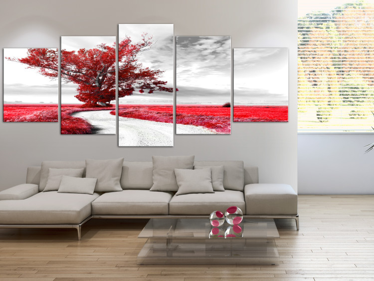 Canvas Art Print Lonely Tree (5-part) - Fantasy of Red Tree 107735 additionalImage 3