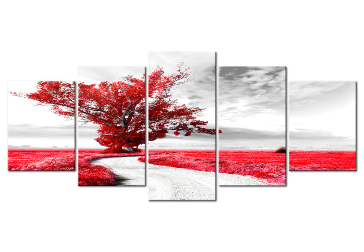 Canvas Art Print Lonely Tree (5-part) - Fantasy of Red Tree 107735
