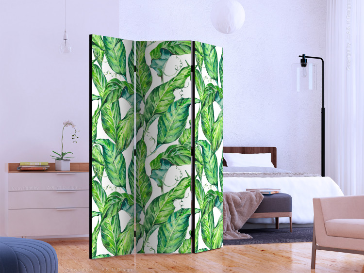 Room Separator Long Leaves (3-piece) - pattern of tropical plants on a white background 124035 additionalImage 2