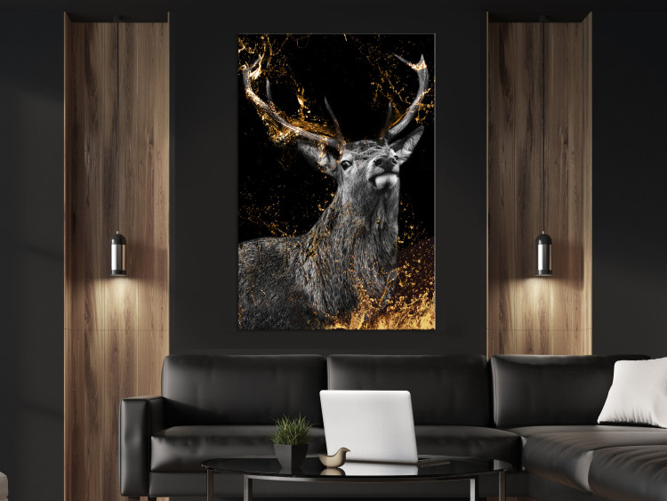 Canvas Art Print Golden Horn (1-part) vertical - fantastical deer on a dark background 129535 additionalImage 3