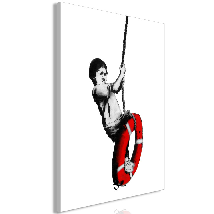Canvas Art Print Boy with a lifebuoy - black and white graphic in street art style 132435 additionalImage 2