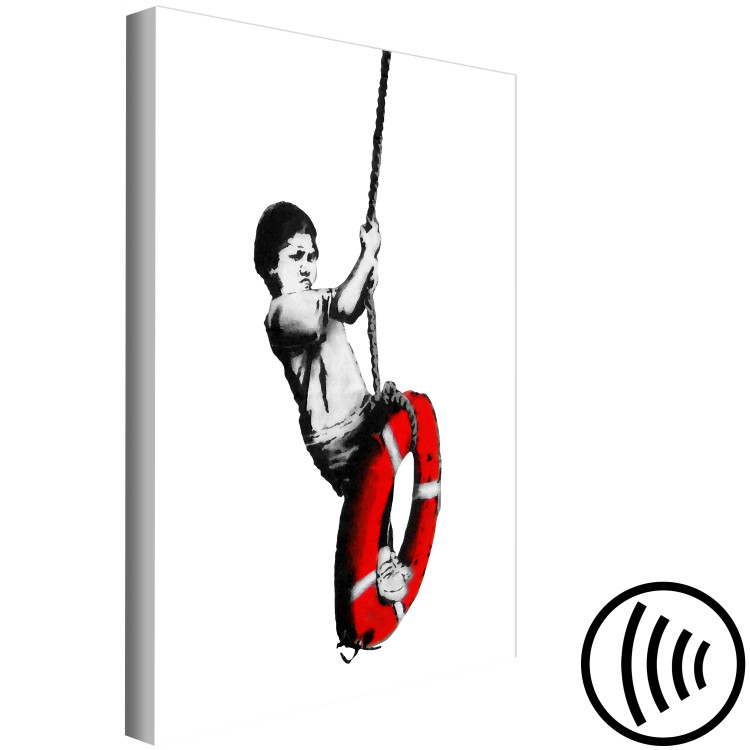 Canvas Art Print Boy with a lifebuoy - black and white graphic in street art style 132435 additionalImage 6