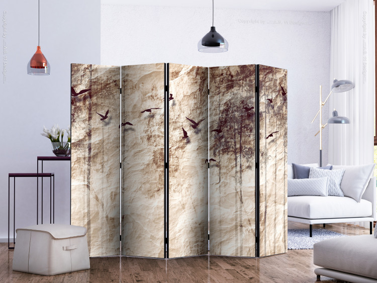 Folding Screen Paper Nature II (5-piece) - flying birds and forest landscape in the background 133135 additionalImage 2