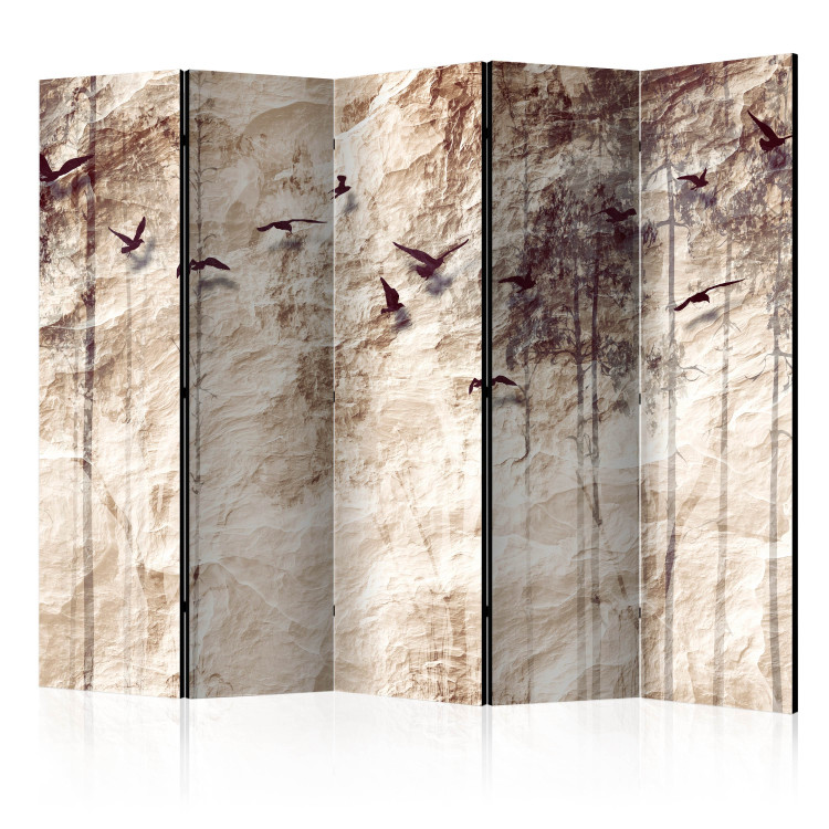 Folding Screen Paper Nature II (5-piece) - flying birds and forest landscape in the background 133135
