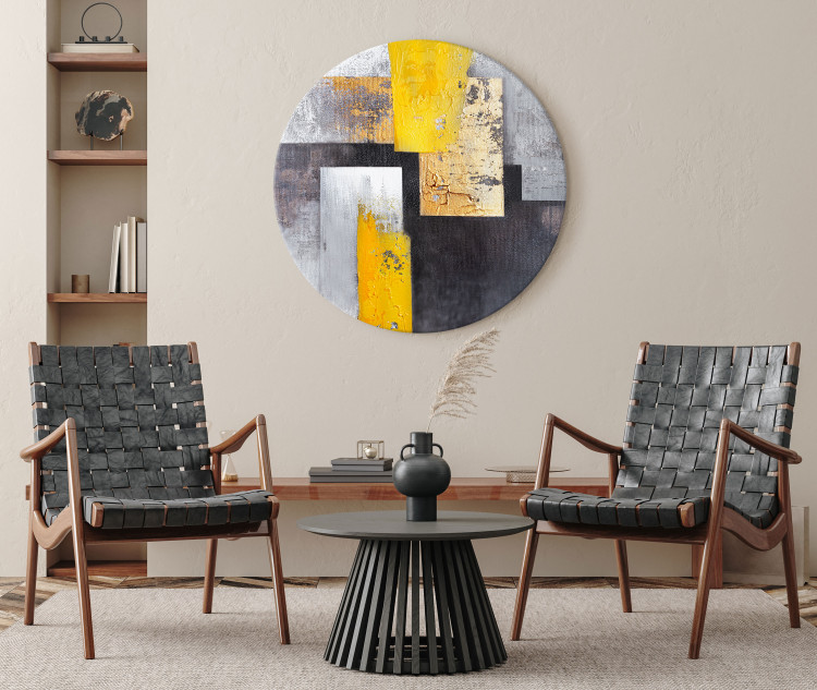 Round Canvas Abstraction - Yellow Gray and Gold Elements on a Dark Gray Background 148735 additionalImage 4
