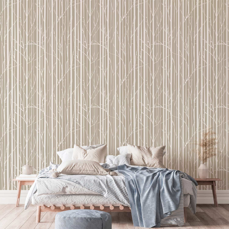 Modern Wallpaper Forest Pattern - White Tree Trunks and Branches on a Beige Background 150035 additionalImage 4