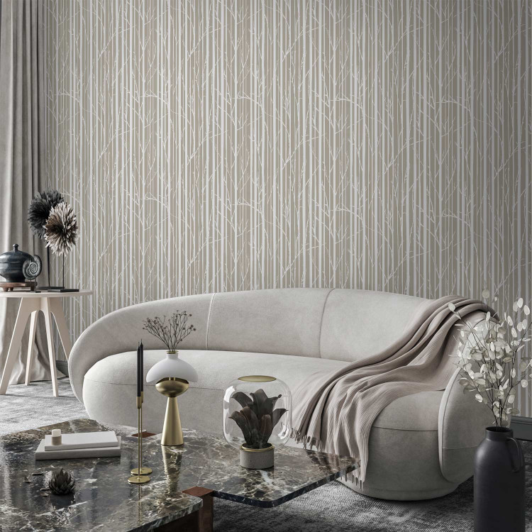 Modern Wallpaper Forest Pattern - White Tree Trunks and Branches on a Beige Background 150035