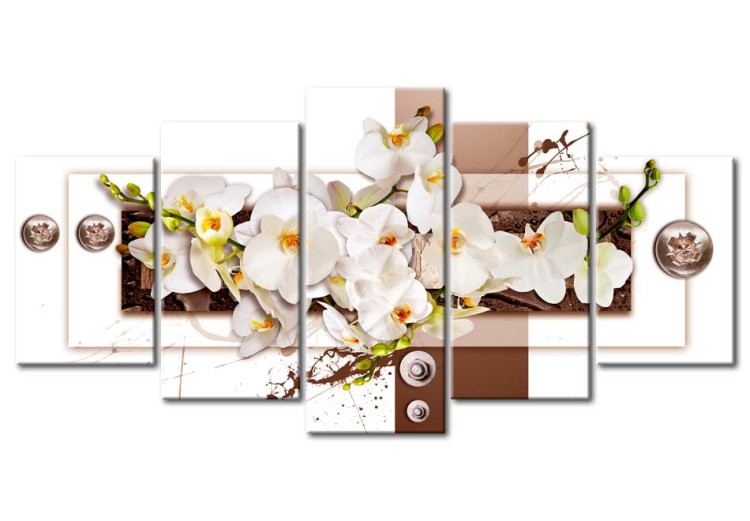 Canvas Floral Installation (5-piece) - Orchids on Geometric Background 92735