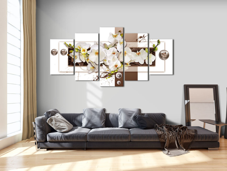 Canvas Floral Installation (5-piece) - Orchids on Geometric Background 92735 additionalImage 3