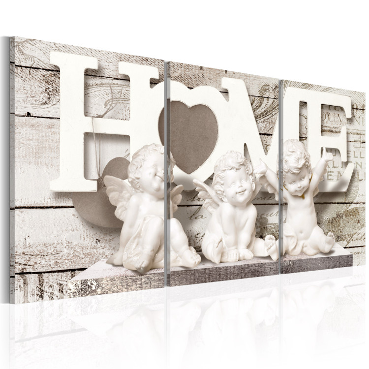 Canvas Art Print Charming Angels (3-part) - Sculptures on Retro Wooden Background 94835 additionalImage 2