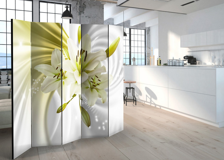 Room Divider Screen Green Enchantment II - white-green lily flowers on a white swirl background 95235 additionalImage 4
