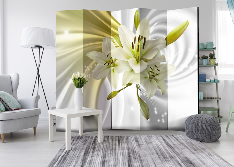 Room Divider Screen Green Enchantment II - white-green lily flowers on a white swirl background 95235 additionalImage 2