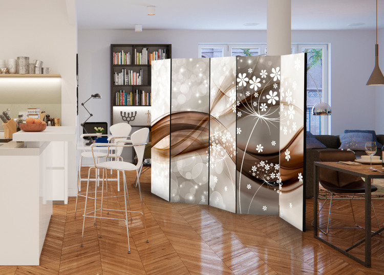 Room Divider Screen Spring Stories II - dandelions on a background of brown undulating glow 95535 additionalImage 4