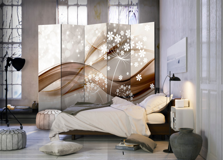 Room Divider Screen Spring Stories II - dandelions on a background of brown undulating glow 95535 additionalImage 2