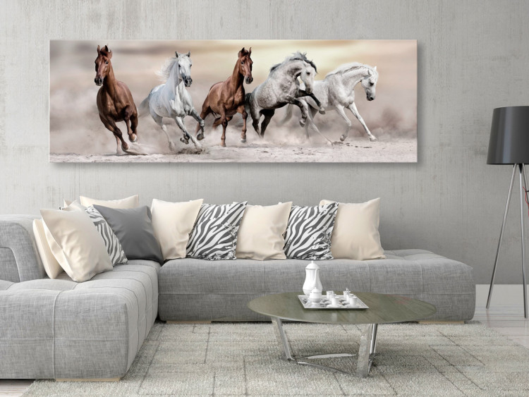 Canvas Art Print Gallop to Freedom - Brown and White Horses Running on Dry Sand 98135 additionalImage 3