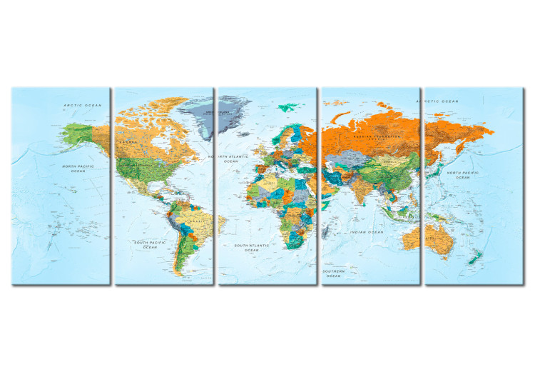 Canvas Print Detailed World Map (5-piece) - Seven Continents in Color 99035