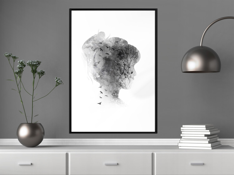 Poster Open Mind - black and white abstraction with a woman's portrait and birds 116945 additionalImage 6