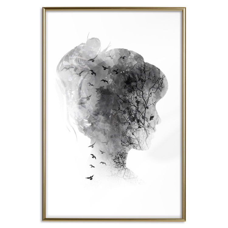 Poster Open Mind - black and white abstraction with a woman's portrait and birds 116945 additionalImage 16