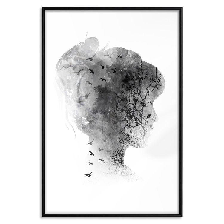 Poster Open Mind - black and white abstraction with a woman's portrait and birds 116945 additionalImage 18