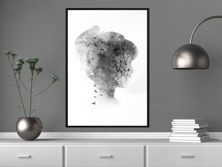 Poster Open Mind - black and white abstraction with a woman's portrait and birds 116945 additionalImage 3