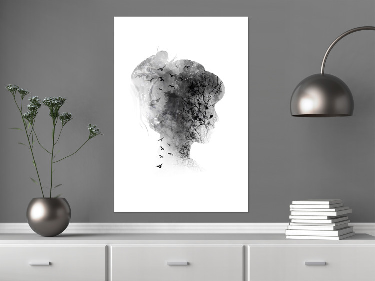 Poster Open Mind - black and white abstraction with a woman's portrait and birds 116945 additionalImage 4