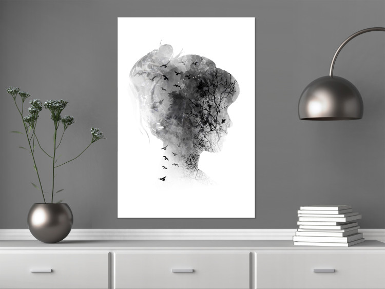 Poster Open Mind - black and white abstraction with a woman's portrait and birds 116945 additionalImage 23
