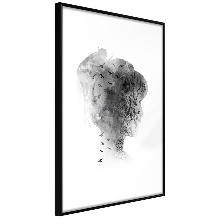 Poster Open Mind - black and white abstraction with a woman's portrait and birds 116945 additionalImage 11
