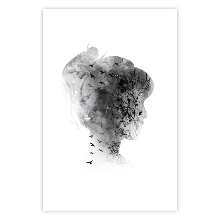 Poster Open Mind - black and white abstraction with a woman's portrait and birds 116945 additionalImage 19