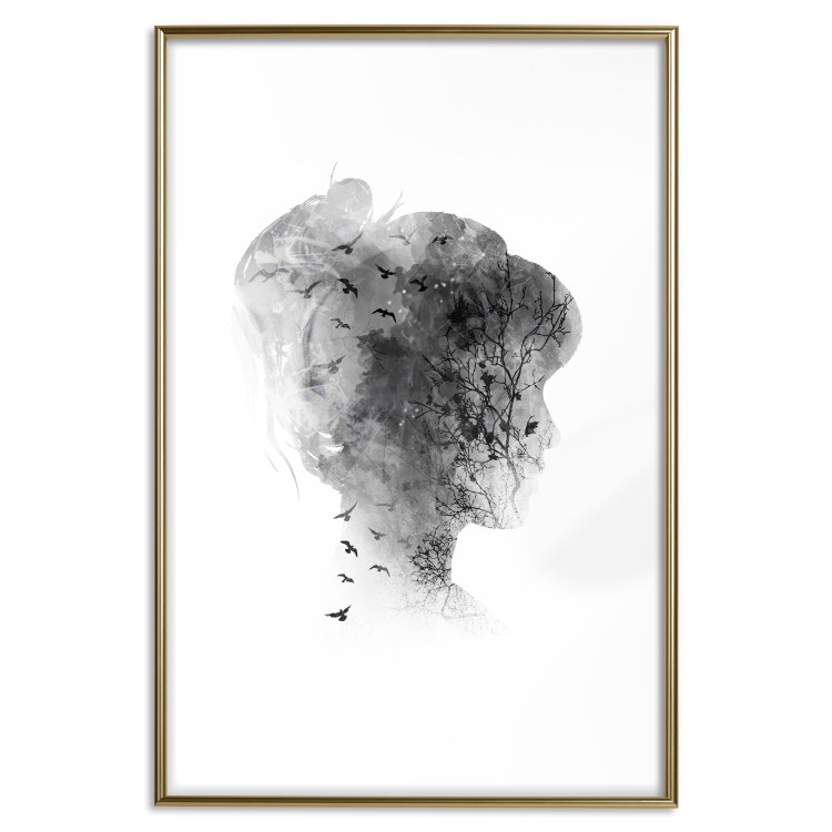 Poster Open Mind - black and white abstraction with a woman's portrait and birds 116945 additionalImage 14