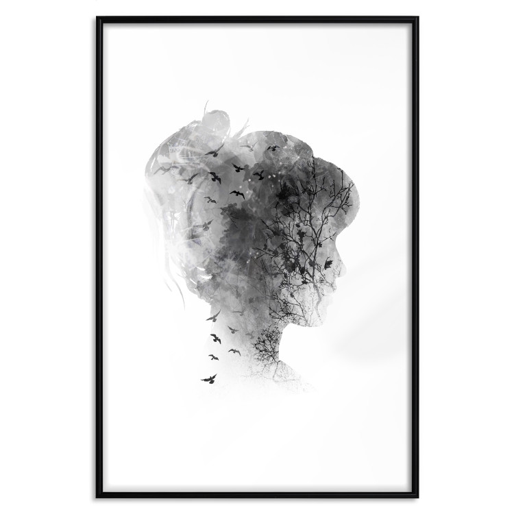 Poster Open Mind - black and white abstraction with a woman's portrait and birds 116945 additionalImage 17