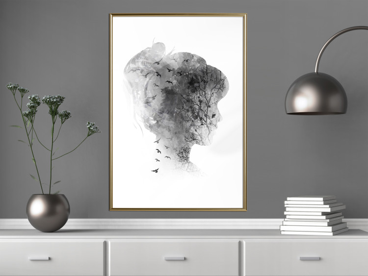 Poster Open Mind - black and white abstraction with a woman's portrait and birds 116945 additionalImage 5