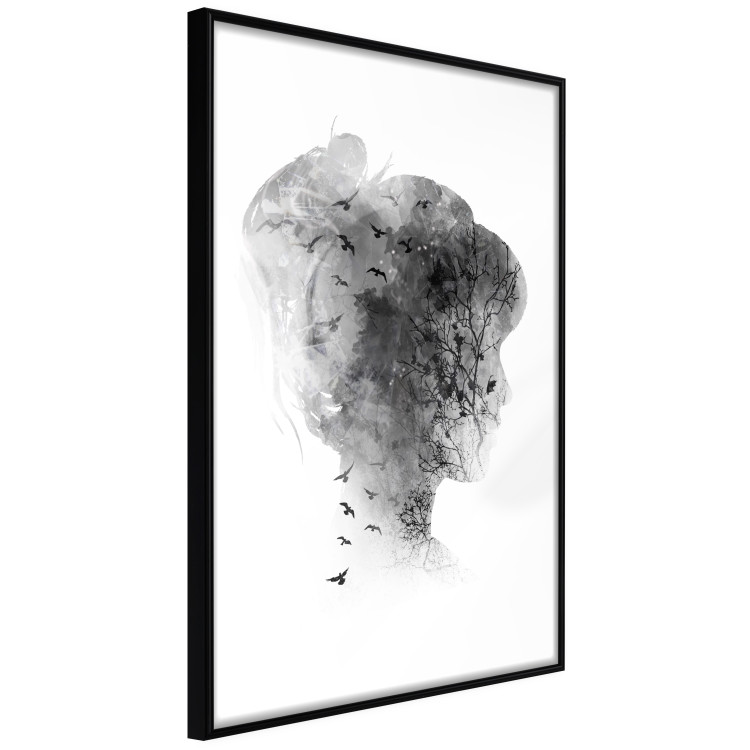 Poster Open Mind - black and white abstraction with a woman's portrait and birds 116945 additionalImage 12