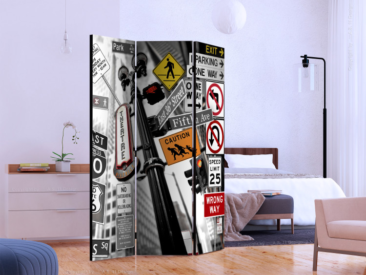 Folding Screen New York Signs (3-piece) - mural of road signs against city backdrop 124245 additionalImage 2