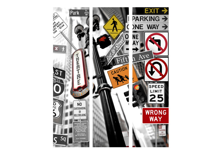 Folding Screen New York Signs (3-piece) - mural of road signs against city backdrop 124245 additionalImage 3