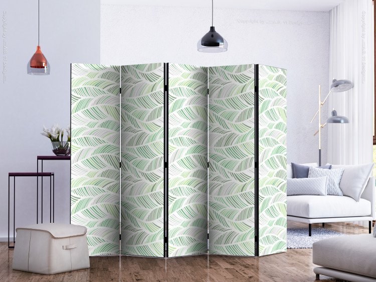Room Divider Screen Green Waves II (5-piece) - abstraction in leaves on a light background 124345 additionalImage 2