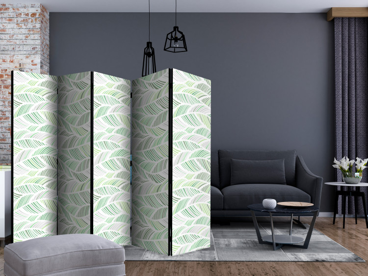 Room Divider Screen Green Waves II (5-piece) - abstraction in leaves on a light background 124345 additionalImage 4