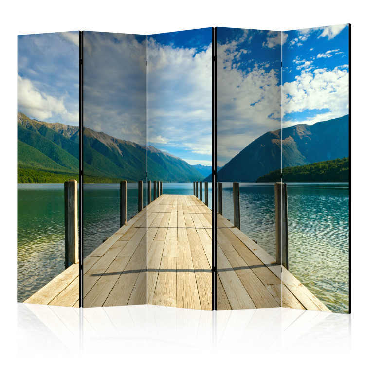 Room Separator Pier on a Mountain Lake II (5-piece) - wooden planks over water 132745